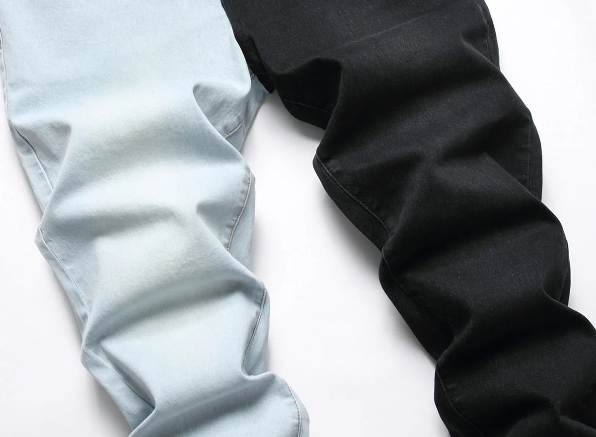 Men's two-colour fashion stitching stretch jeans in light blue and black, 95% cotton denim slim fit