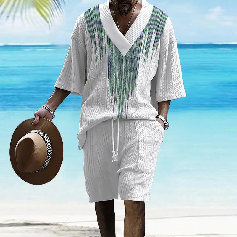 Men's grey printed drop-shoulder knitted short-sleeve top with matching shorts, a casual tracksuit set.