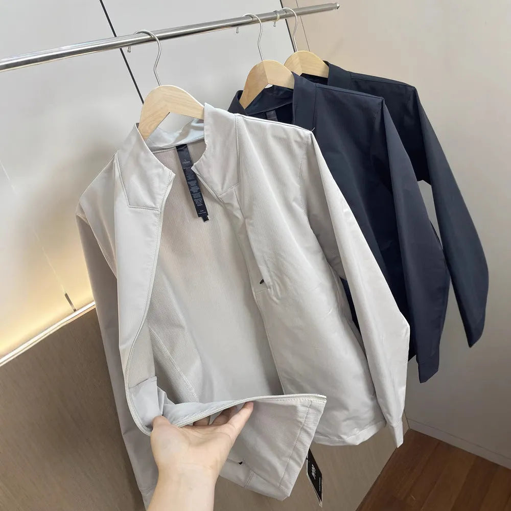 Men's stand collar polyester jacket in straight hem design with long sleeves