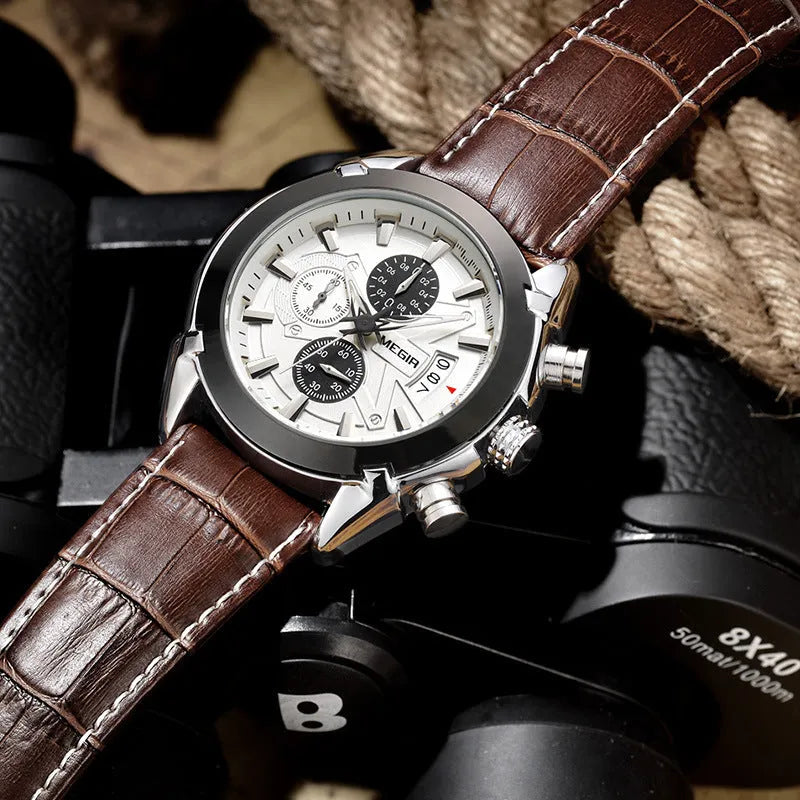 Men's quartz chronograph watch with three sub-dials, luminous markers, and waterproof case