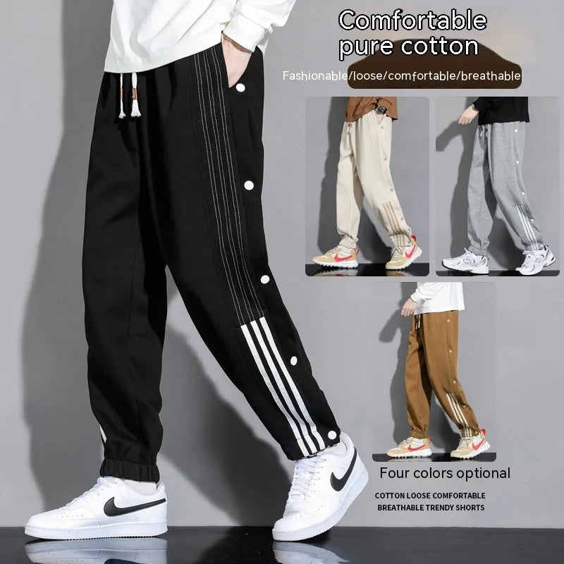 Men's loose black sweatpants with ankle ties and high elastic waistband for sports