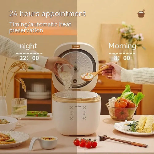 White or beige 3L intelligent multi-function rice cooker with black inner pot and accessories