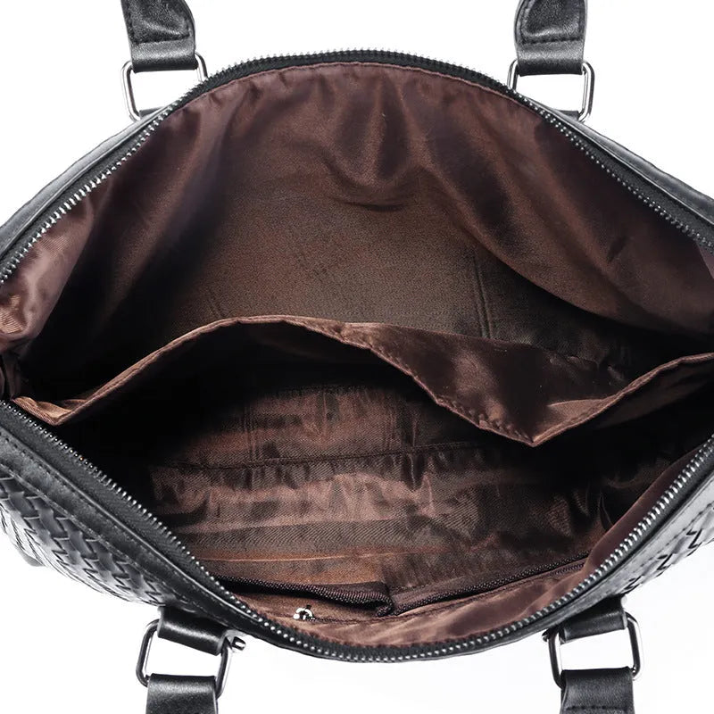Men's hand-woven PU leather black briefcase bag with luggage strap and zippered pocket, horizontal square shape, 39x30x11.5 cm