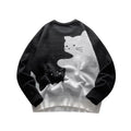 Men's cat pattern round neck knitted pullover sweater in black with jacquard cat motif on front