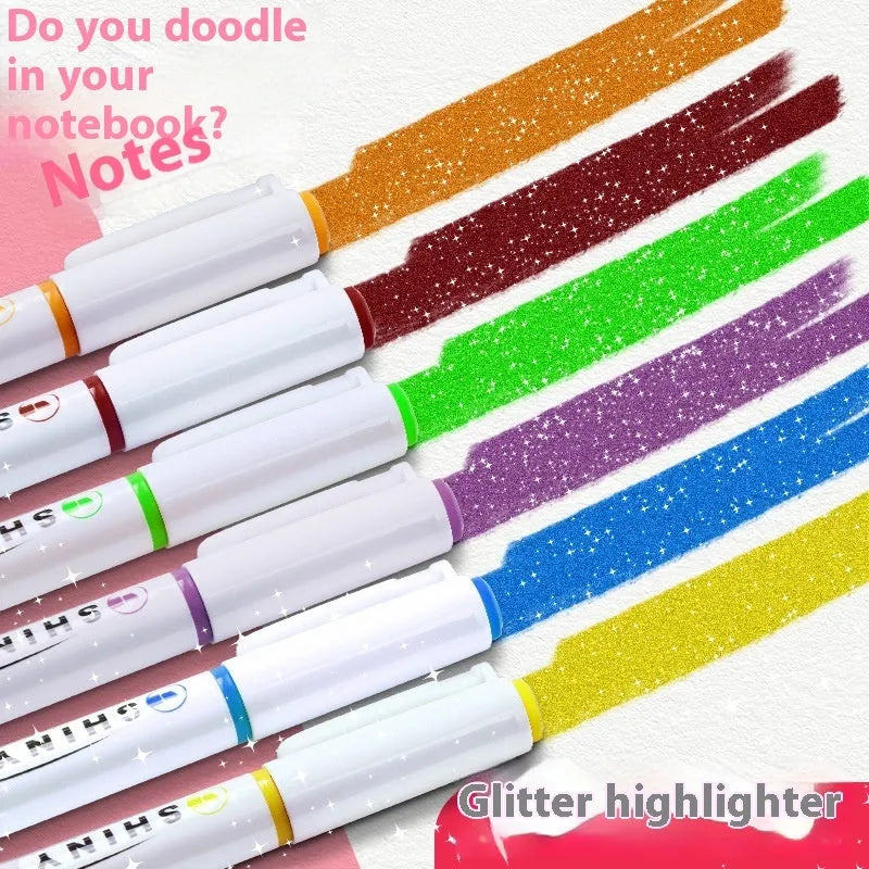Set of four glitter fluorescent highlighter pens with slanted tips in six colour options including taro puff and mung bean smoothie