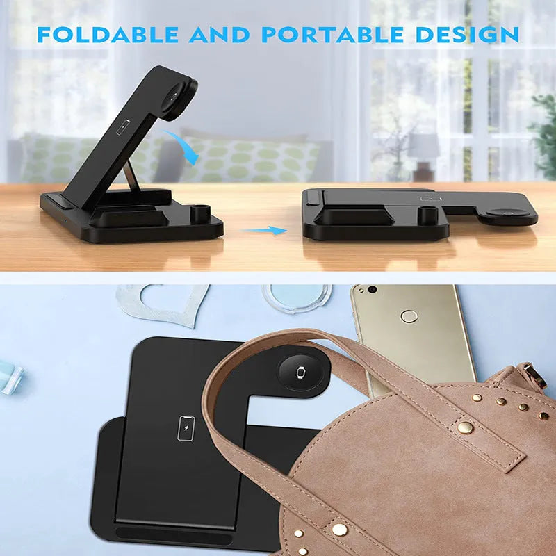 Black four-in-one wireless charging pad with QC3.0 power adapter for multiple phones.