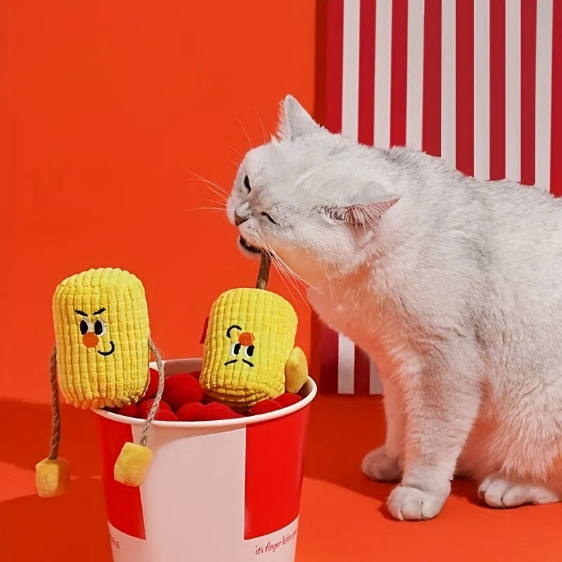 Polio wood corn cob shaped cat chew toy for dental health on a white background.