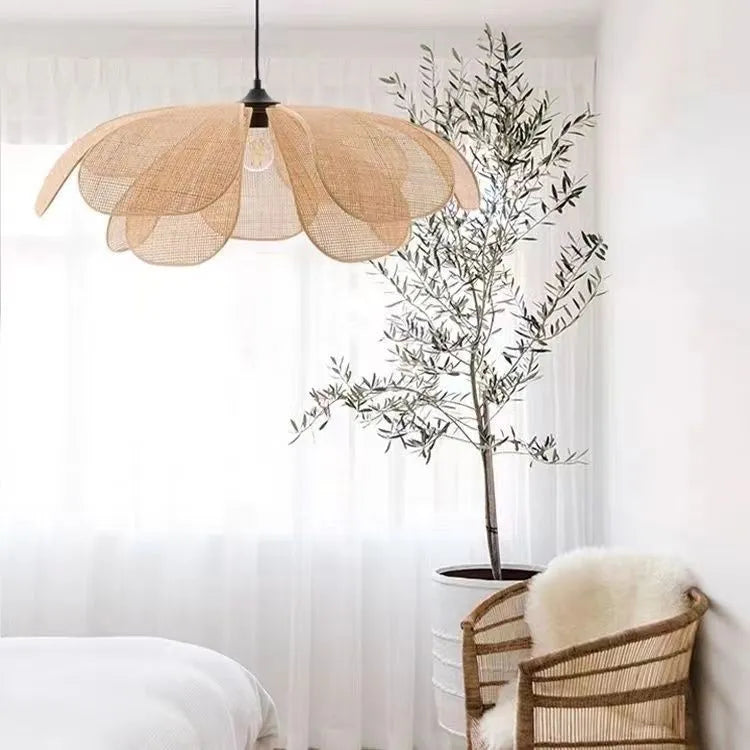 Handmade rattan petal chandelier bamboo ceiling light 80cm diameter natural finish