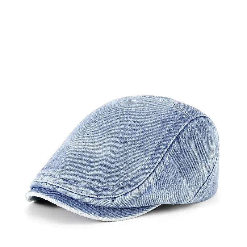 Men's flat top denim cap in wash-treated cotton fabric on a neutral background.