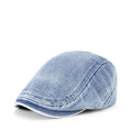 Men's flat top denim cap in wash-treated cotton fabric on a neutral background.