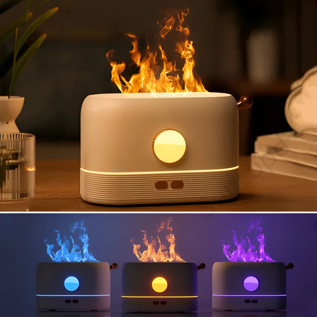 Black USB humidifier with LED flame simulation effect on wooden desk