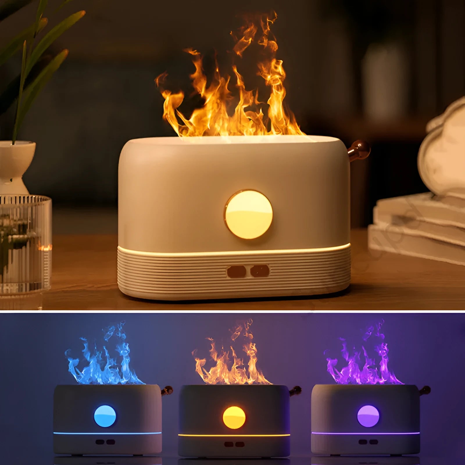 Black USB humidifier with LED flame simulation effect on wooden desk