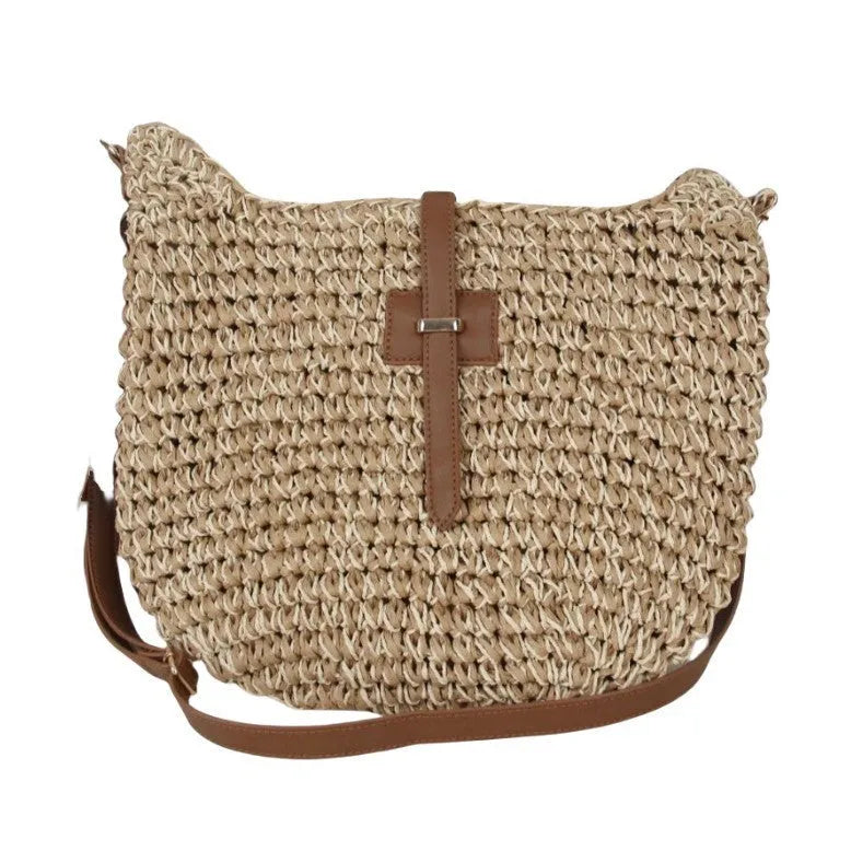 Beige handmade woven shoulder bag with sandwich pocket and long strap