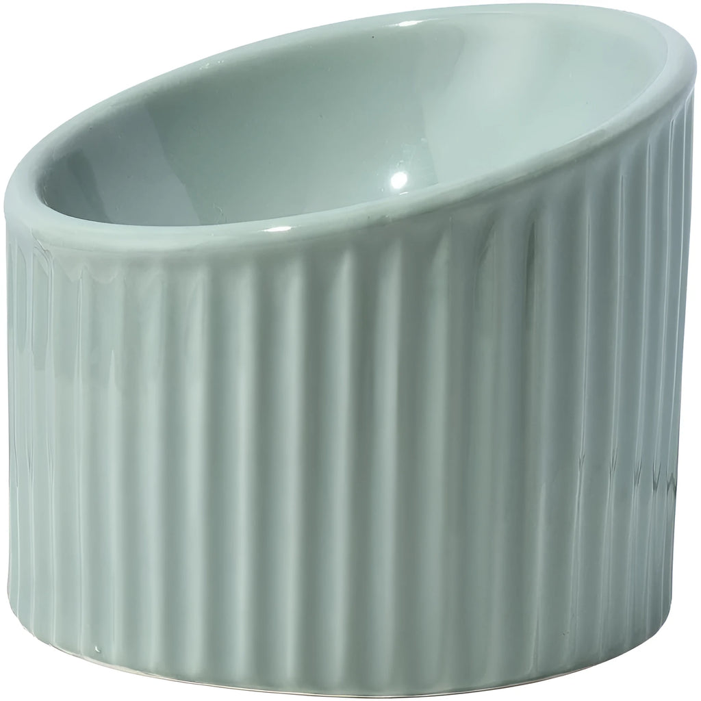 Dark green ceramic elevated cat bowl with tilted, round design on a wooden floor.