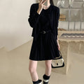Grey Art Retro style women's knitted vest skirt and long-sleeved cardigan two-piece set with a 3D pattern.