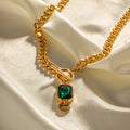 Gold French retro zircon pendant necklace with geometric round design on Cuban link chain