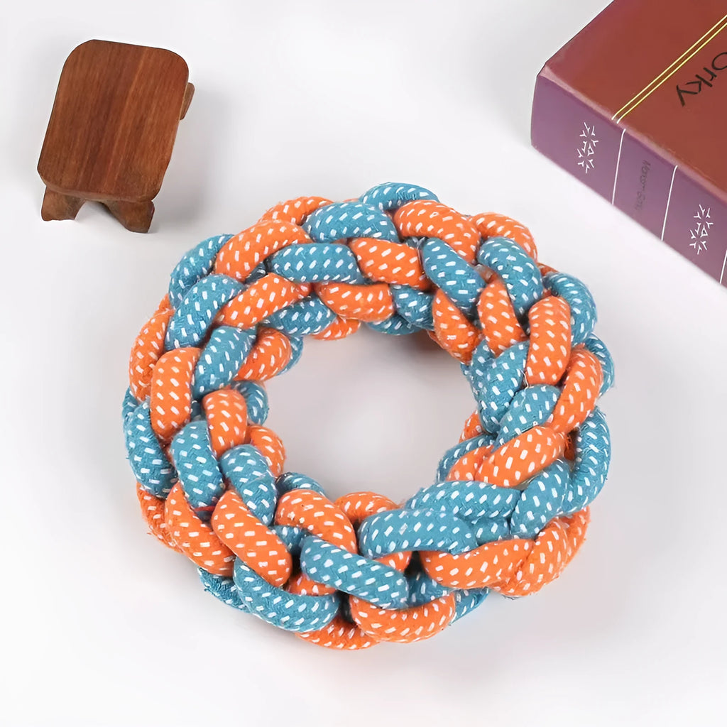 Cotton braided ring dog toy measuring approximately 18cm with knot construction