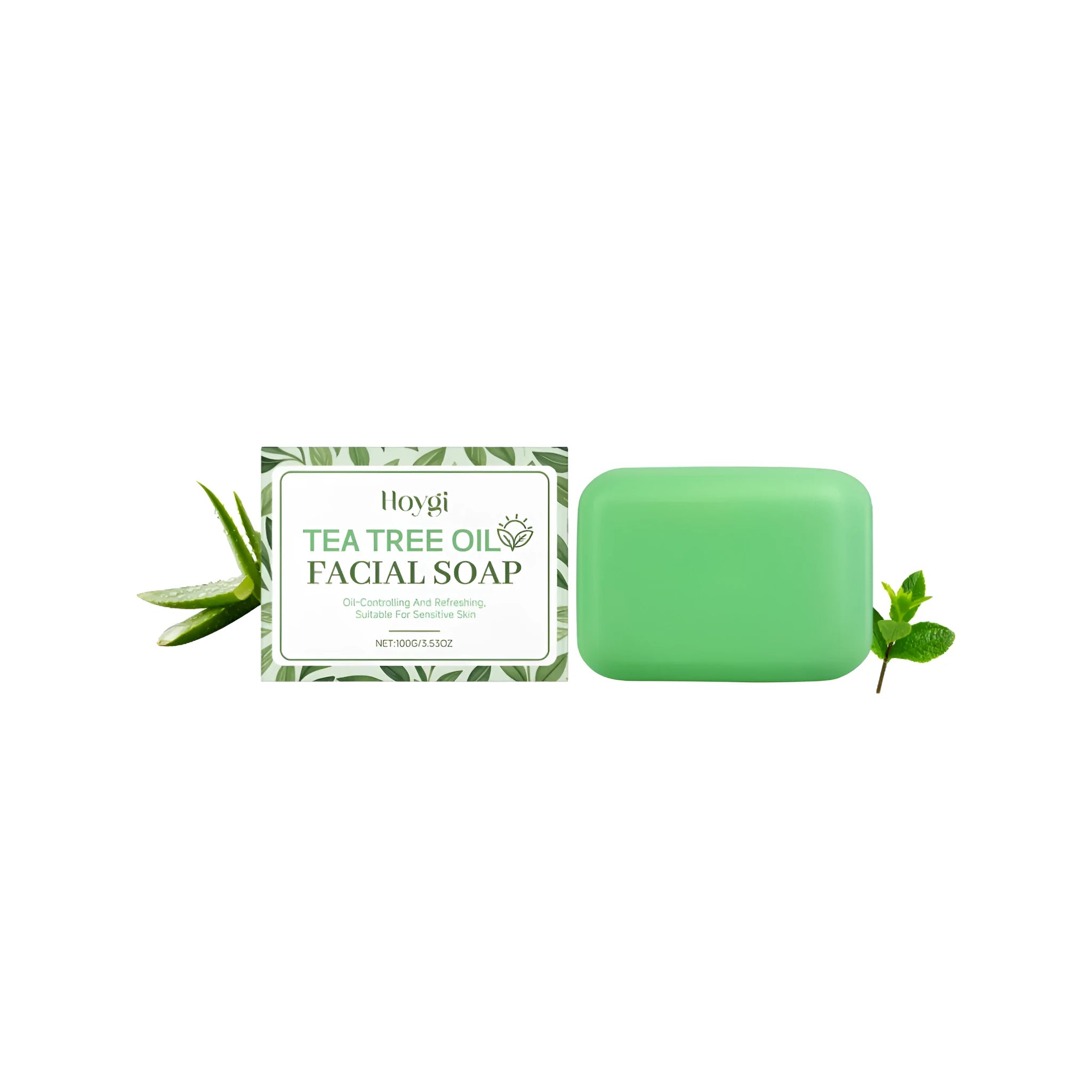 A 100g bar of cleansing soap containing tea tree oil and aloe extract.