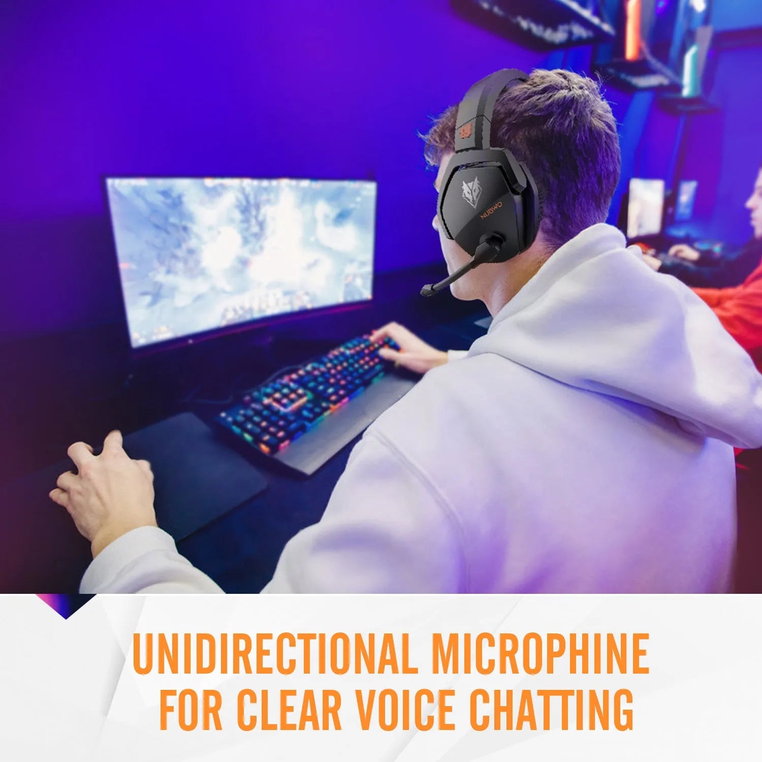 Black and orange wireless gaming headset with large ear cups and a built-in microphone.