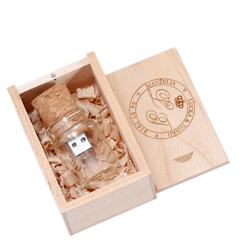 Chocolate brown wooden USB drive with custom lettering engraving in drift bottle storage disk design