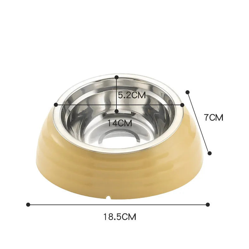 Stainless steel cat bowl feeder available in beige, brown, or light green.
