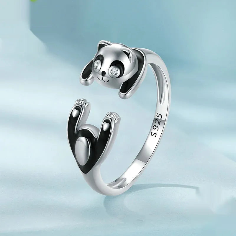 Sterling silver adjustable panda ring bracelet with white gold plating