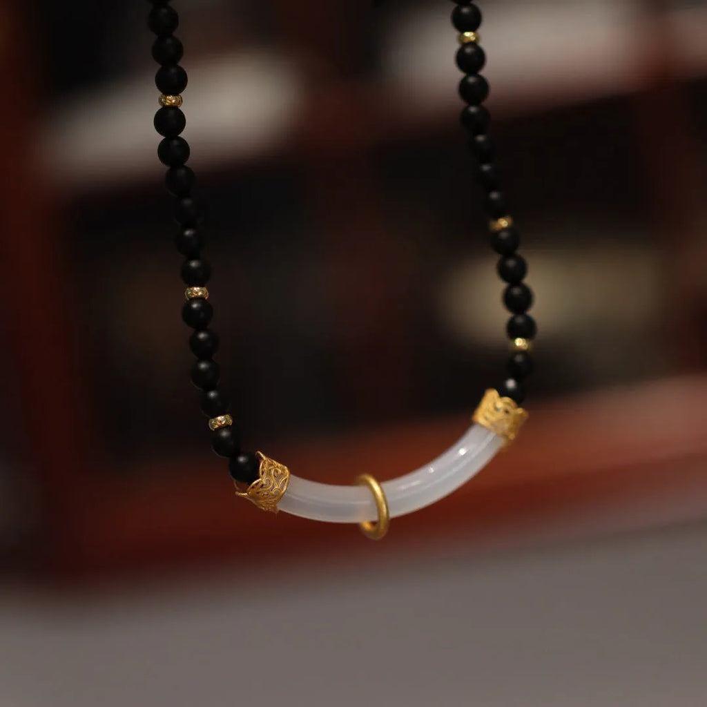 Natural frosted black agate and white chalcedony necklace with 925 silver Chinese-style pendant on ball bead chain