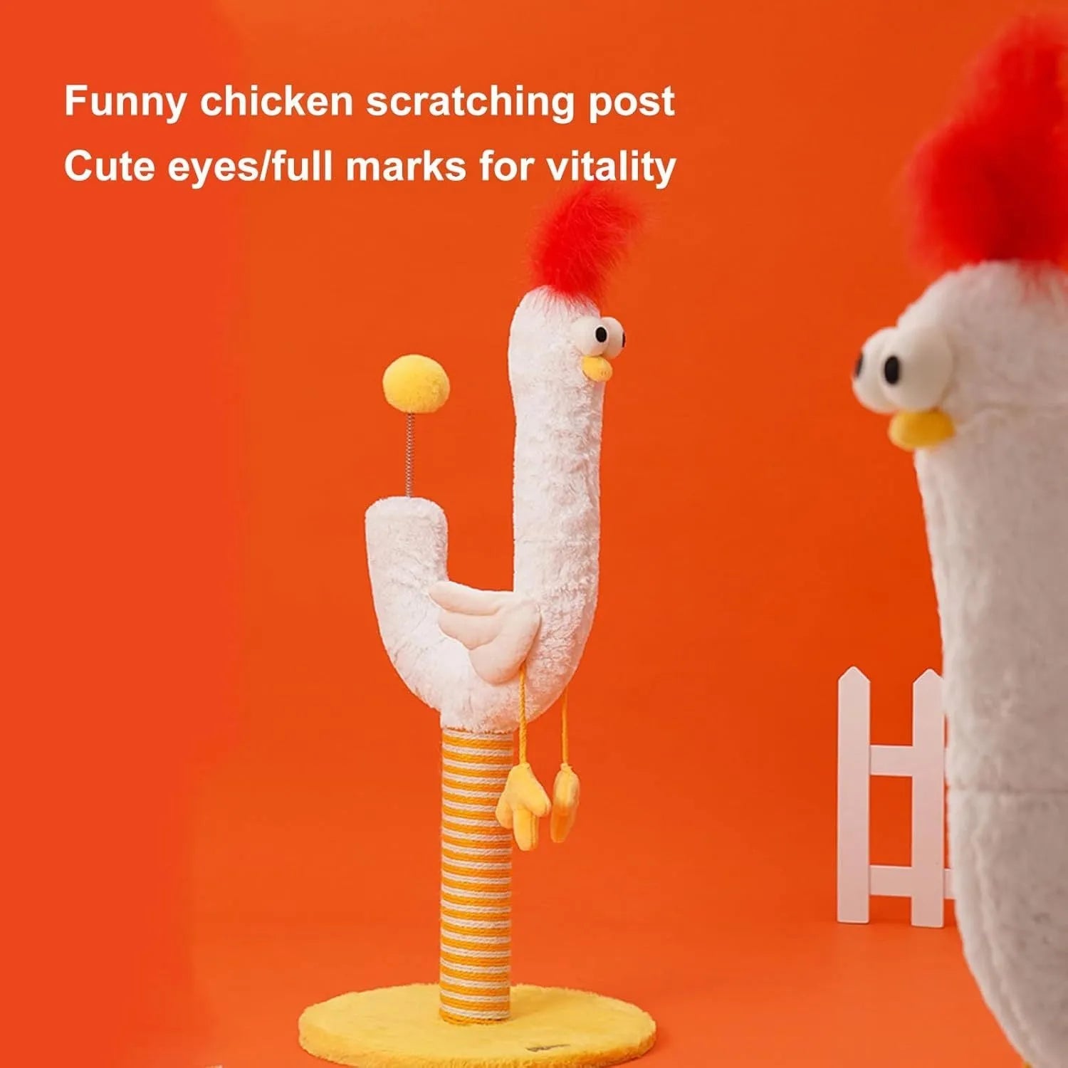 Tall sisal rope vertical cat scratching post with U-shaped design, spring ball, and chicken strip climbing feature.