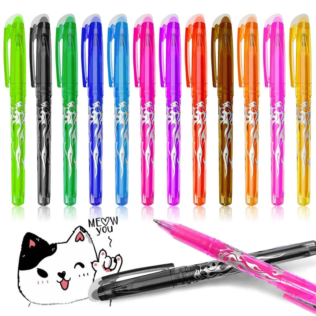Set of heat-erasable gel pens with plastic bodies and stainless steel nibs in multiple colours.