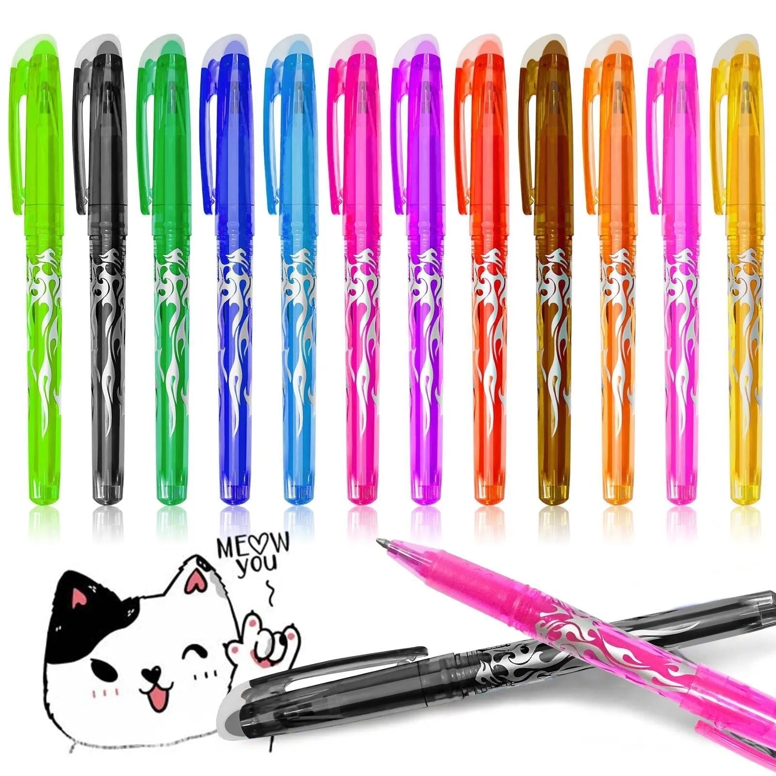 Set of heat-erasable gel pens with plastic bodies and stainless steel nibs in multiple colours.