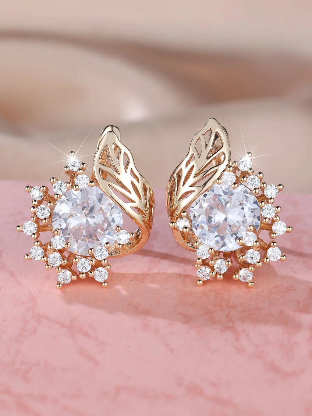 Round flower feather zircon earrings for women in champagne gold copper electroplated natural style
