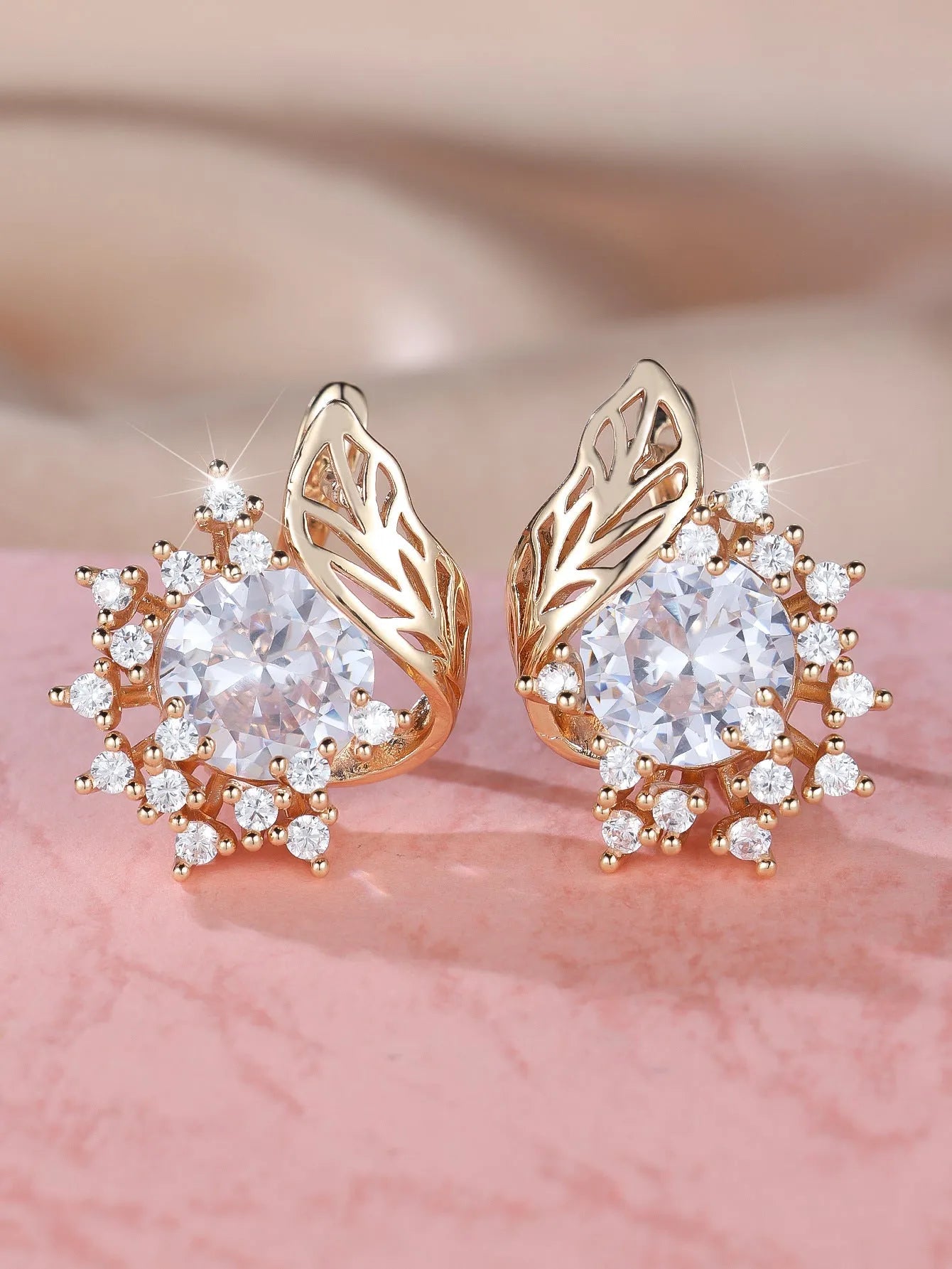 Round flower feather zircon earrings for women in champagne gold copper electroplated natural style