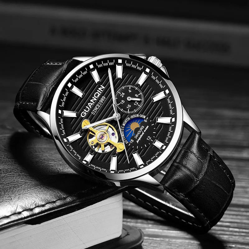 Men's automatic skeleton mechanical watch with 42mm dial, genuine leather strap, and sapphire crystal glass