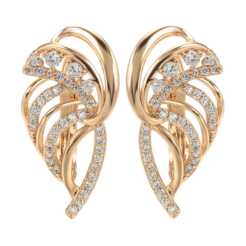 Gold geometric wing ear clips with micro-inlaid zircon stones on U-shaped copper clips