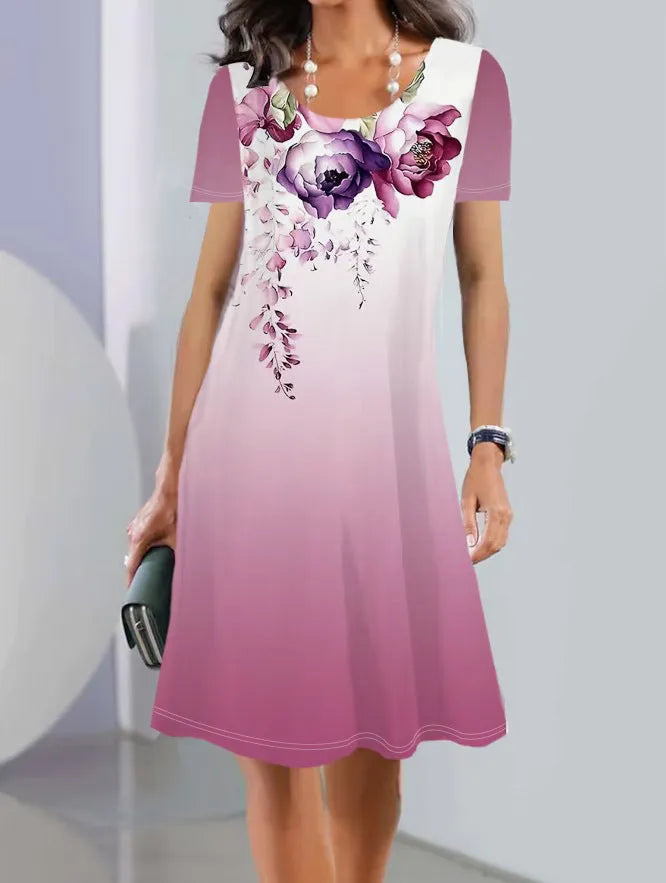 A-line floral print summer dress with short sleeves and a round neck, made from light ice silk fabric.