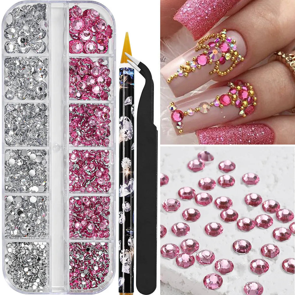 12-grid resin nail diamond strip box with mix of white, AB colour, pink diamond, round diamond, and semi-circular white pearl options