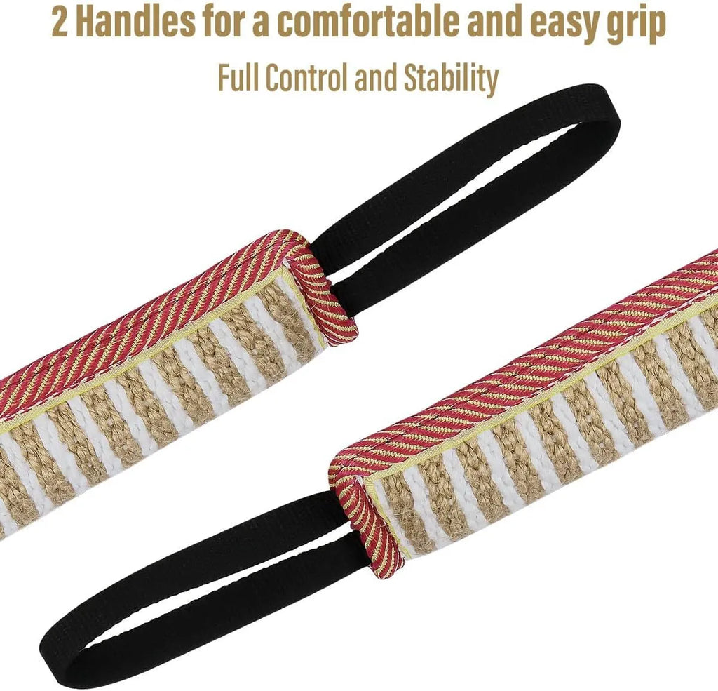 Beige and pink jute dog tug toy bite pillow with two fabric handles on a plain background.