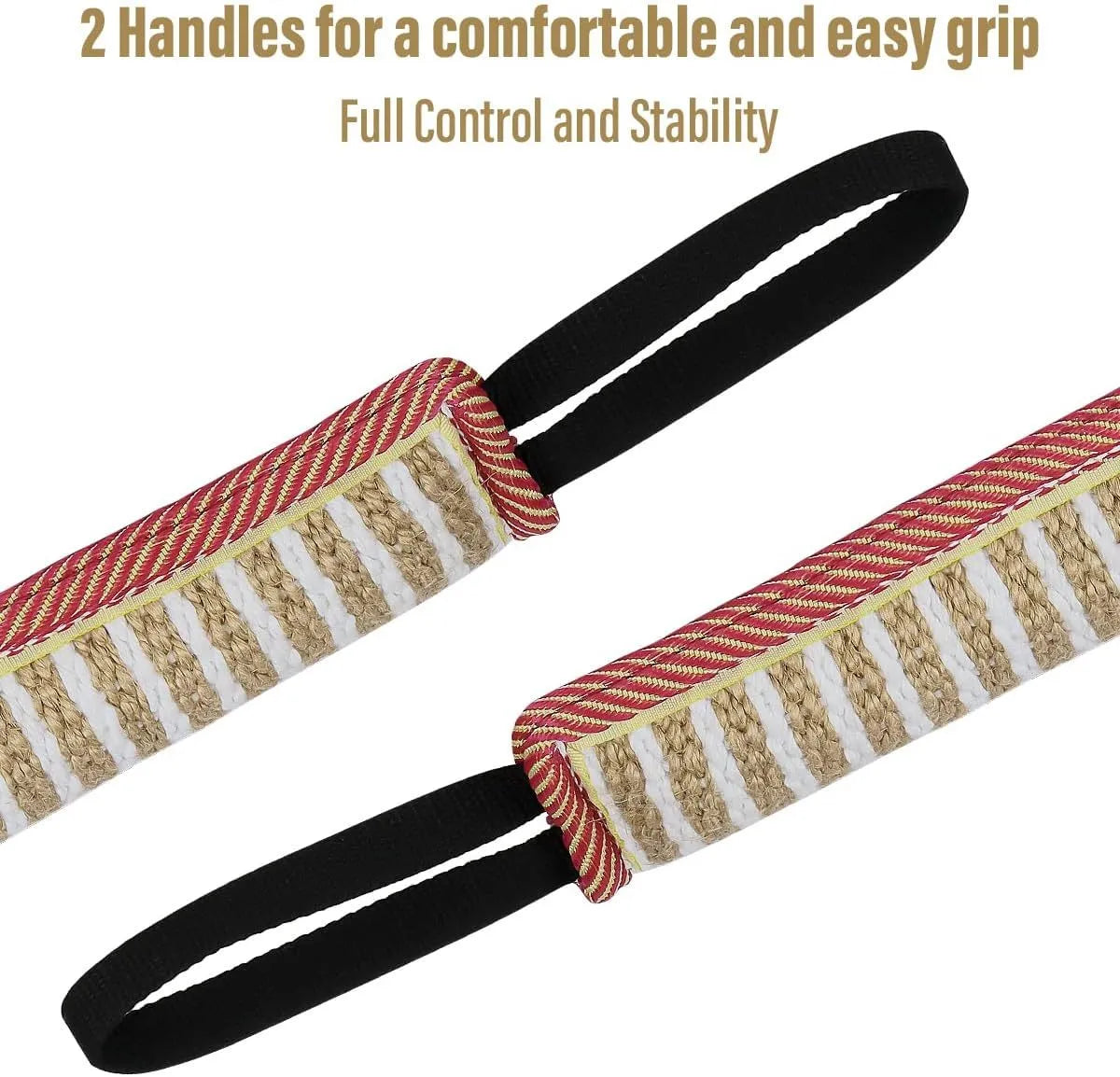 Beige and pink jute dog tug toy bite pillow with two fabric handles on a plain background.