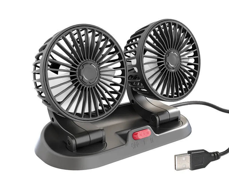 Creative Car Rotatable F410 Double Head Folding Fan in black with dual rotatable heads and folding design