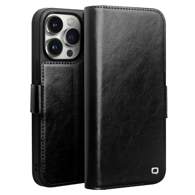 Genuine leather magnetic flip cover for iPhone 14 in black colour