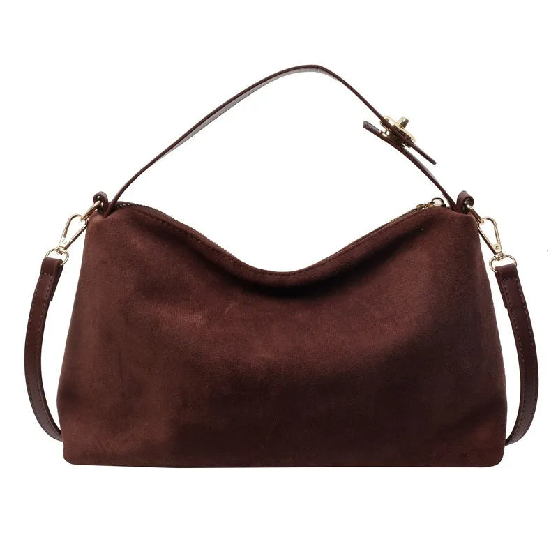 Retro frosted suede underarm handbag in black, brown or coffee with single strap, lock and stitching details.