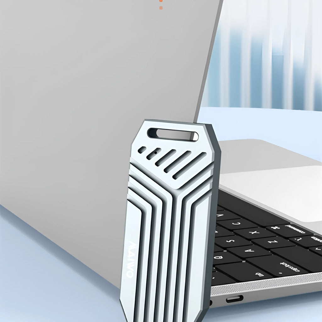 Aluminium Thunderbolt 4 M.2 solid state drive enclosure in silver or grey colour with compact 50mm design