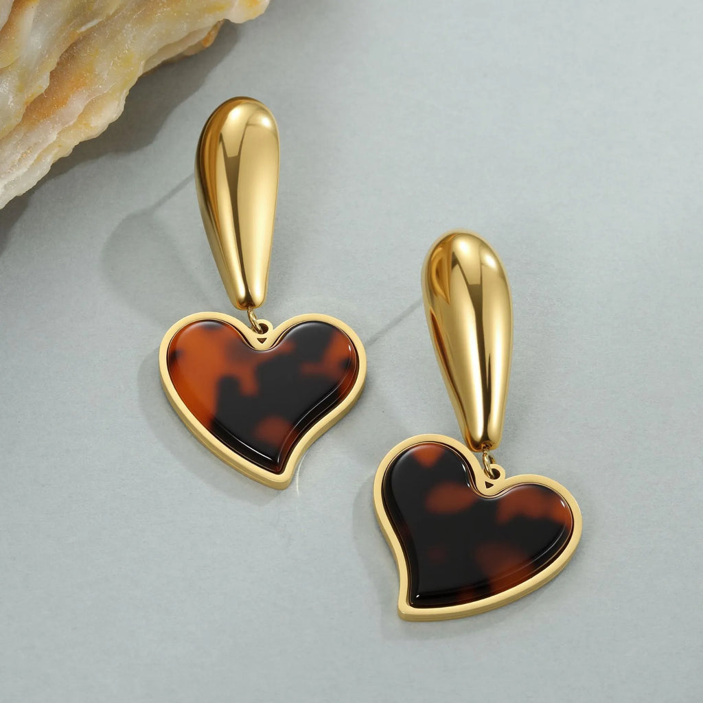 Women's tortoiseshell resin electroplated earrings in heart and flower designs with 18K stainless steel construction