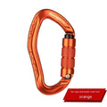 Climbing carabiner with automatic master lock in black, blue, orange, red, and silver colour options.