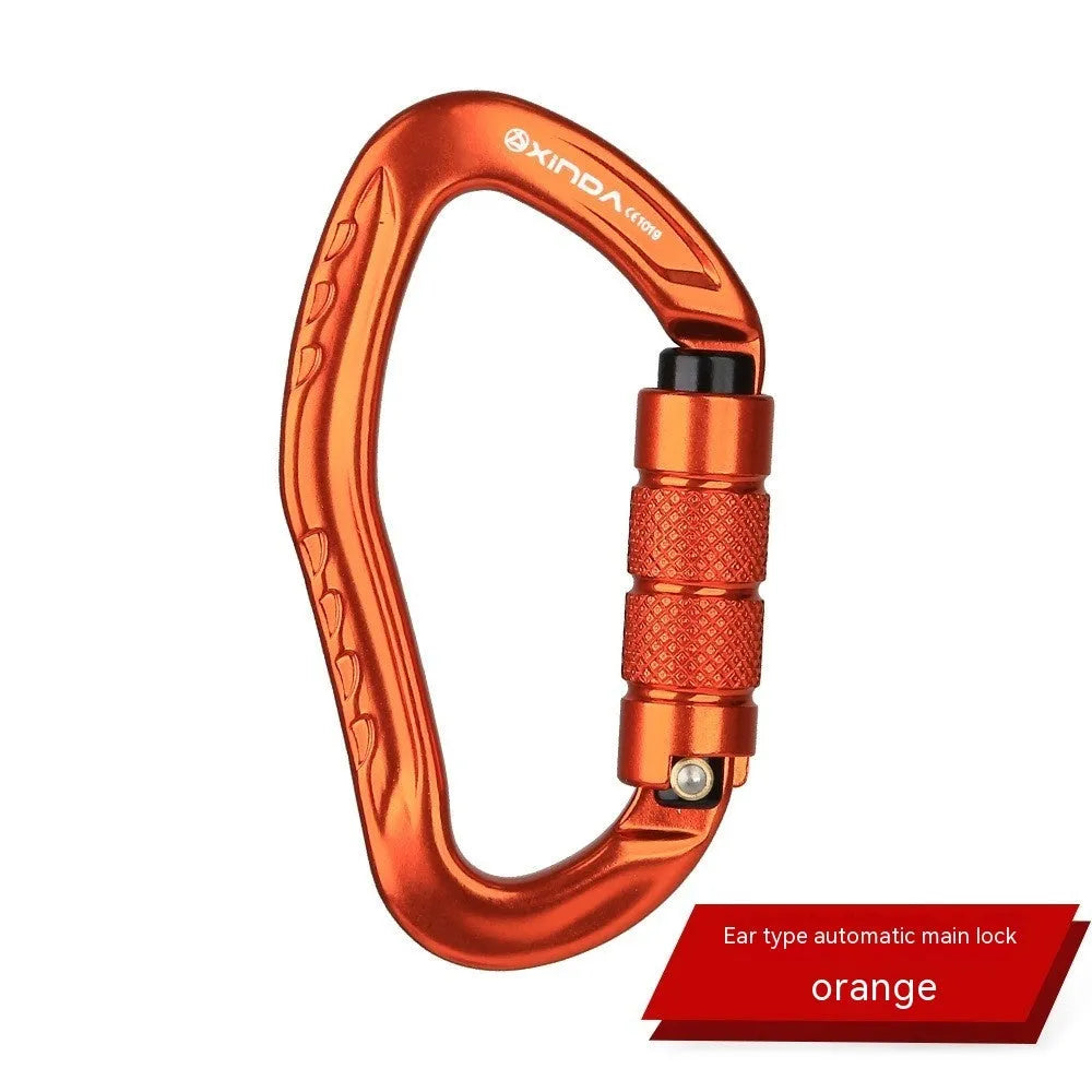 Climbing carabiner with automatic master lock in black, blue, orange, red, and silver colour options.