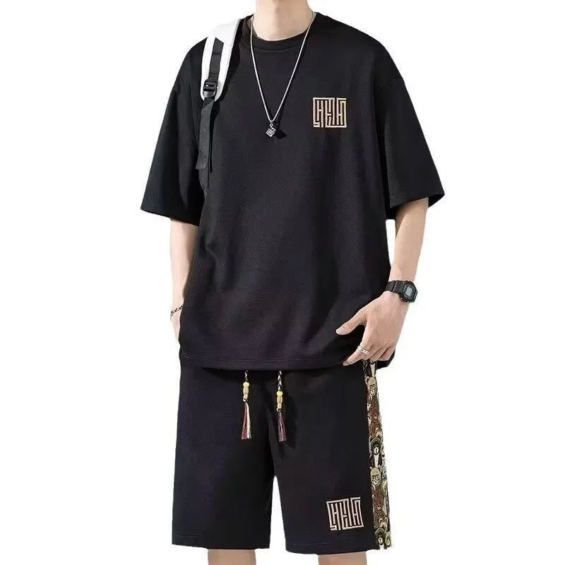 Waffle embroidery two-piece set with short sleeve top and shorts in thin polyester, summer sports style, sizes M-5XL