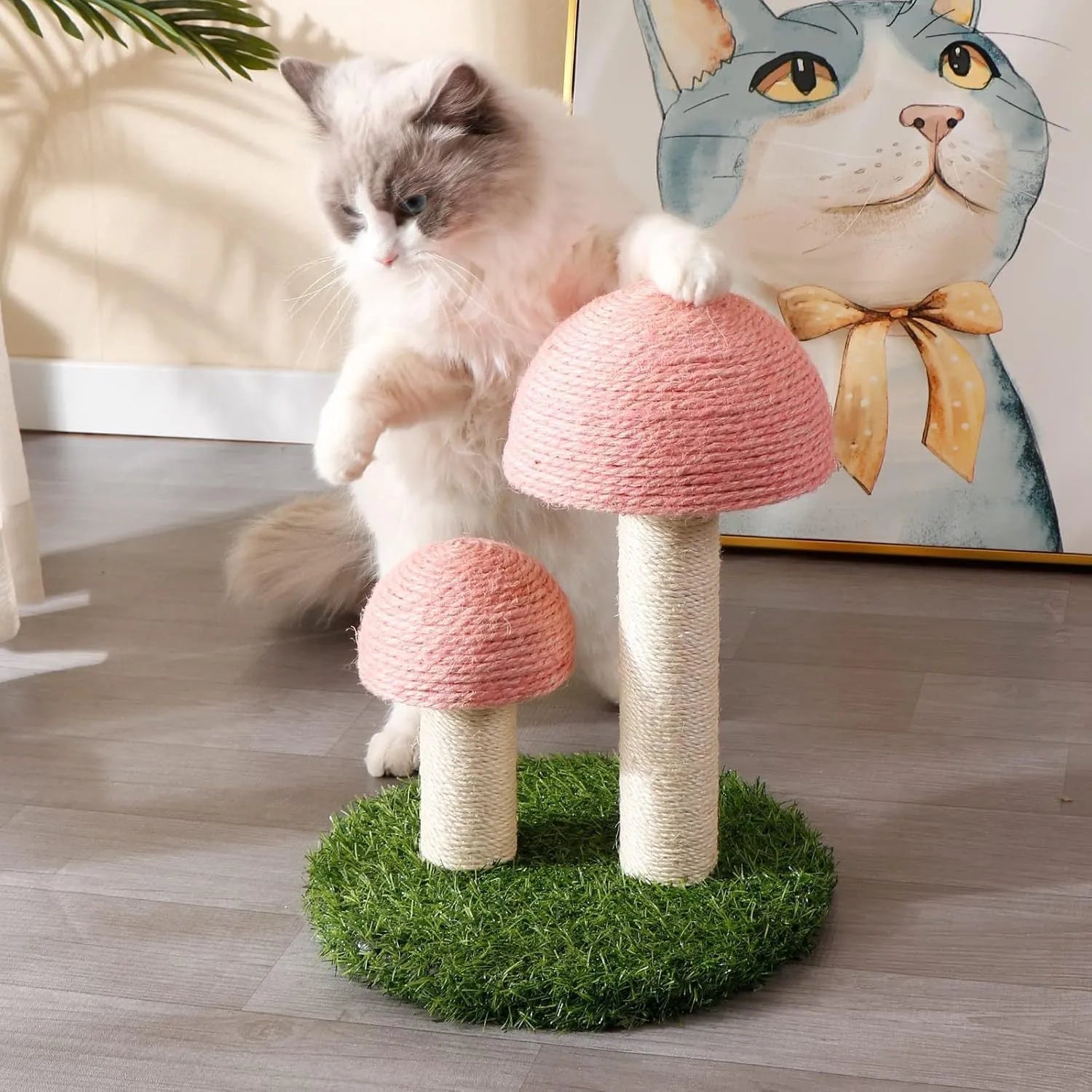 Pink mushroom-shaped cat scratching post with natural sisal caps and pole for small cats