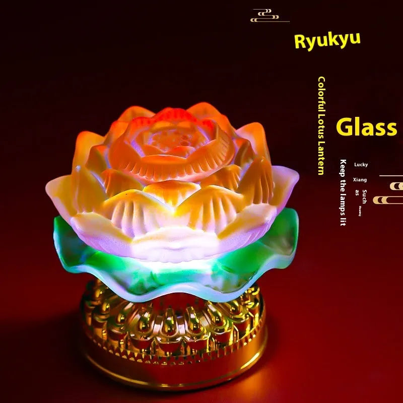 Yellow Chinese-style lotus table lamp made of ABS plastic, shown in bud and flowering styles.