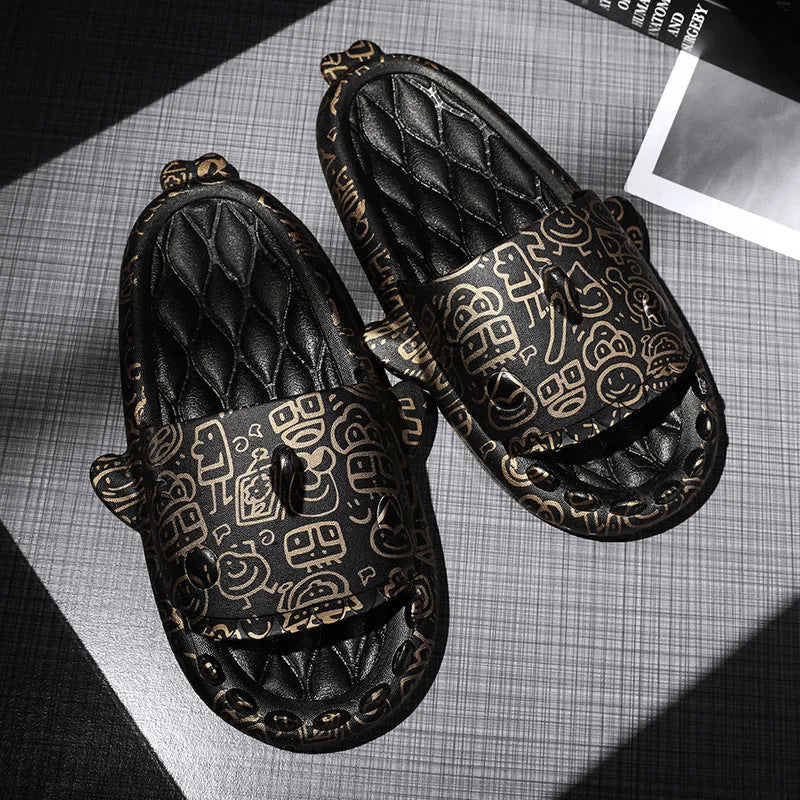 Shark design open-toe EVA slippers for men and women in beige, shown in size 40.