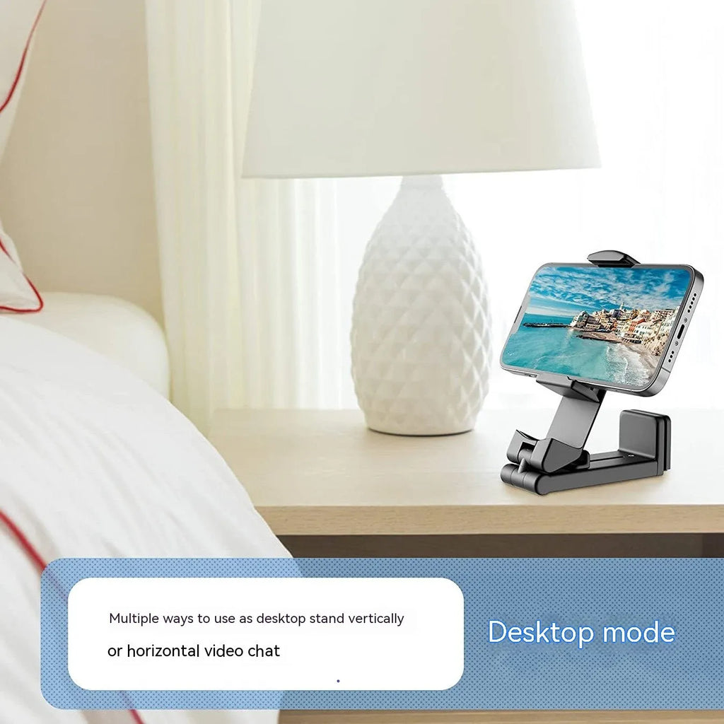 Foldable rotating phone holder in black grey and green colours showing adjustable viewing angles